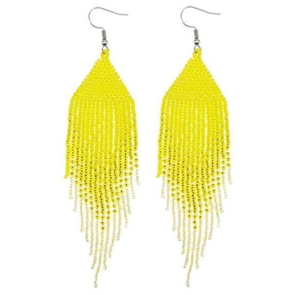 Yellow Bohemian Seed Bead Tassel Dangling Statement French Wire Hook Earrings - Picture 1 of 7